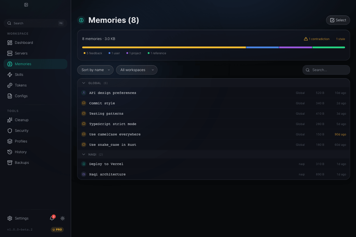 Naqi Memories page showing memories with contradictions detected