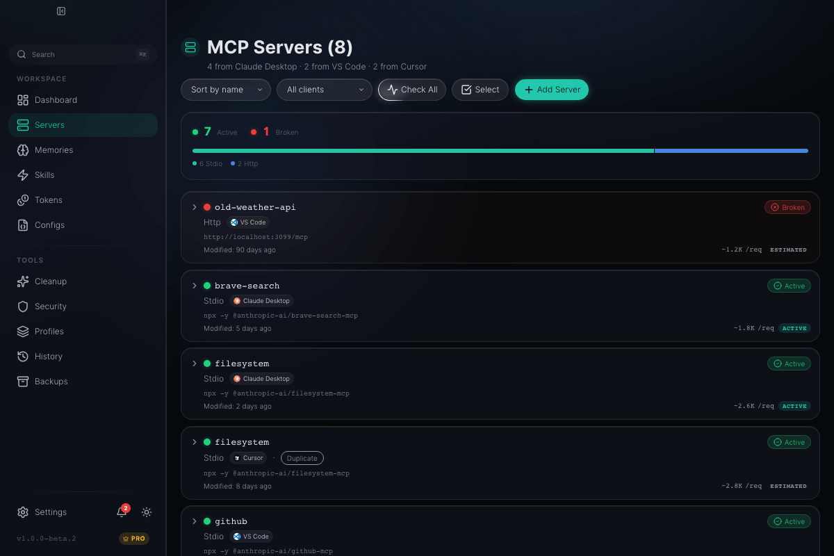 Naqi MCP Servers page showing servers with status indicators